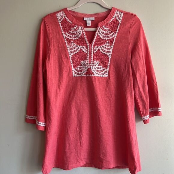 Charter Club Tops - Charter Club Women's Embroidered Beaded Slub Knit Coral Tunic Size Medium